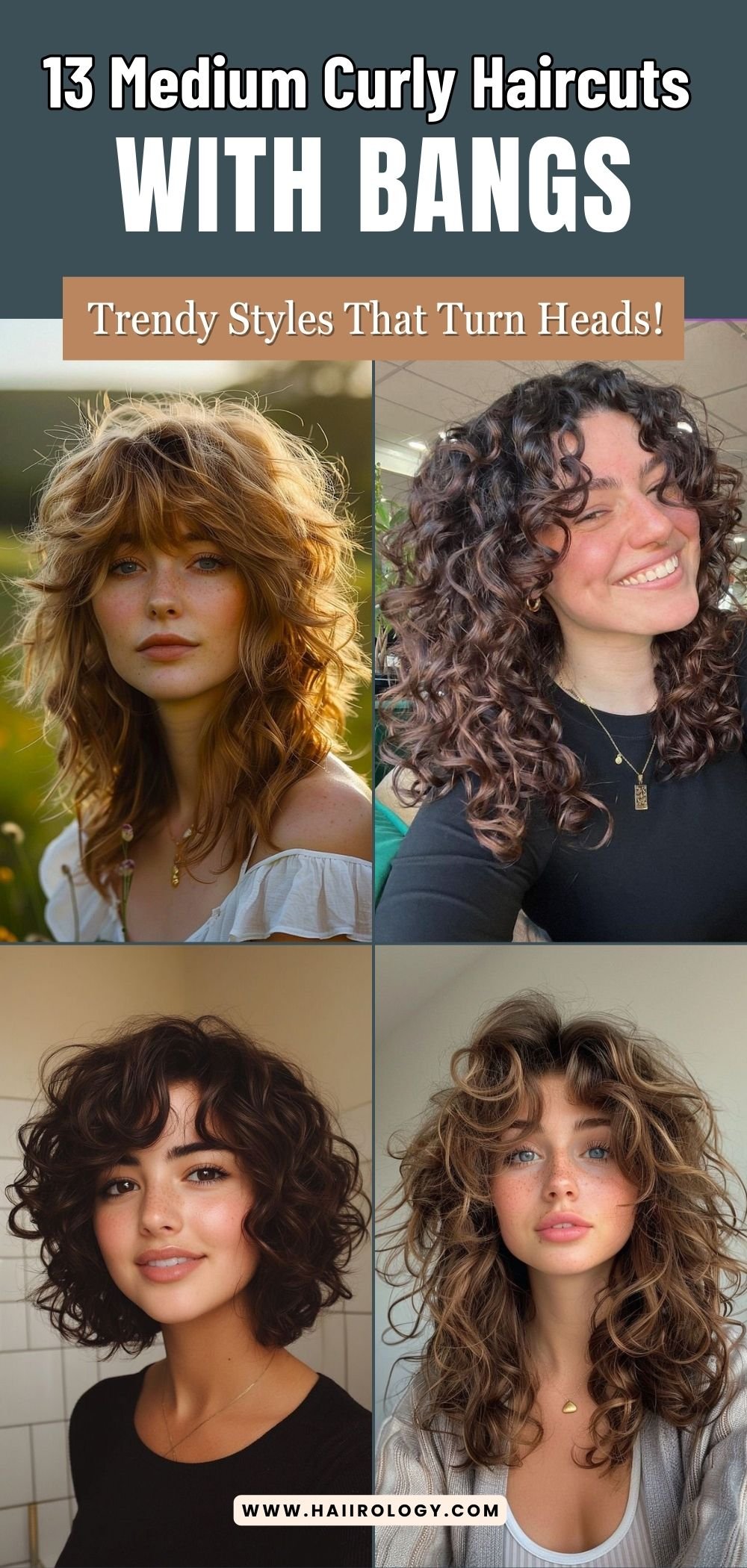 Medium curly layered hair with bangs